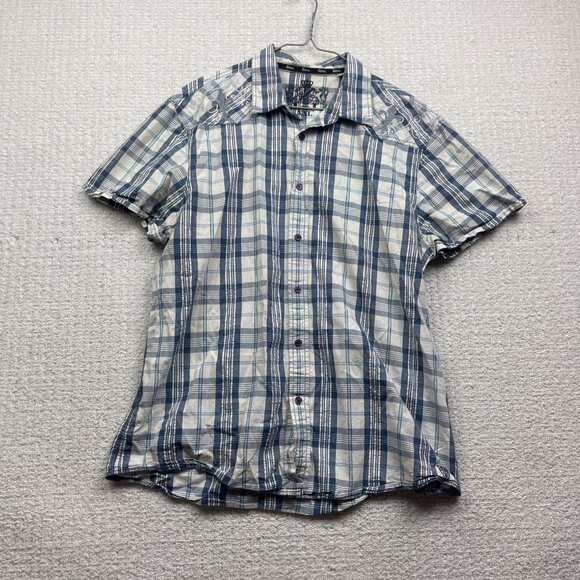 Y2K Guess Shirt Mens XXL Blue Plaid Grunge Button Up Distressed Punk lily flower - Picture 2 of 13